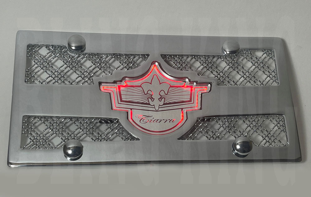 Chevy Caprice chrome Tiarra license plate tag w/ triple weave mesh light up badge